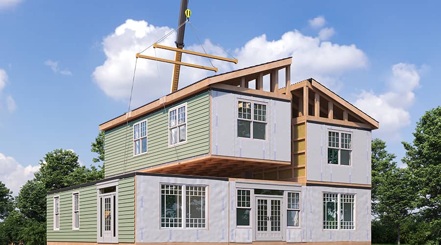 Photo of a construction of a modular house.